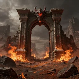 fiery, desolation field landscape with an oblivion gate. Render. Demonic. 8k. Highly detailed. Gritty. Stone