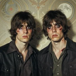 two handsome but sinister young men in layers of fear, with haunted eyes and wild hair, 1 9 7 0 s, seventies, wallpaper, a little blood, moonlight showing injuries, delicate embellishments, painterly, offset printing technique, by brom, robert henri, walter popp