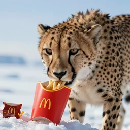 a highly detailed cinematic photograph of a cheetah on the north pole eating mc donalds, ultra realistic, depth, beautiful lighting, by annie leibovitz, hasselblad, 1 0 0 mm, bokeh, photorealistic, hyperrealistic, octane, masterpiece