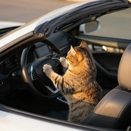 cat sitting in driver seat of a cabriolet, paws touching steering wheel, golden hour, top view
