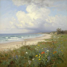 a rugged seascape painting of a remote beach, perfect spring day with beautiful white clouds, colorful wildflowers, painting by albert bierstadt, early morning light