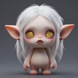 goblin with big ears, round nose, plush lips, sharp teeth, short height, white hair, gold eyes, eco goth, fairycore, corragecore, punk, in the art style of krenz cushart, artstation, highly detailed