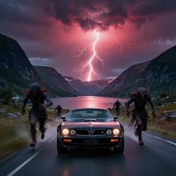 nightmarish creatures rushing towards black pontiac firebird trans - am driving towards the camera, norway mountains, valley, large lake, dynamic, cinematic, motionblur, volumetric lighting, wide shot, low angle, red glow in sky, large lightning storm, thunder storm