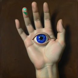 sculpted hand with visible veins holding an eye. lapis - lazuli, emerald, turquoise, malachite, cinnabar, earth brown. painting by piero della francesca, ernst haeckel, agnes pelton