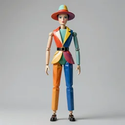full size tall ball - jointed human doll by john currin, high fashion colorful clothes!, beautiful detailed face!, interesting hat!, weird unique design, strange surreal clothes, reference sheet, white background