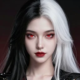 Digital portrait of a beautiful half-elf half-vampire young woman. Half black half white hair. Red irises, vertical pupils. Award-winning digital art, trending on ArtStation