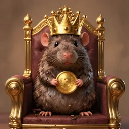 a dirty sewer rat wearing a golden crown, on a throne's seat, prize winning, trending on artstation, fantasy illustration, warm tones, digital art