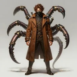 a highly detailed illustration of thick curly haired young white guy wearing brown coat and face mask, with 4 mechanical tentacles on his back, dramatic standing pose, intricate, elegant, highly detailed, centered, digital painting, artstation, concept art, smooth, sharp focus, league of legends concept art, WLOP