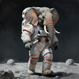 A hyper real comic book style portait painting of an elephant in an astronaut suit walking on the moon, unreal 5, hyperrealistic, octane render, cosplay, RPG portrait, dynamic lighting
