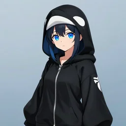 advanced anime character art render, beautiful anime girl wearing a black orca skin hoodie outfit ,big blue watery eyes, mid shot , medium shot, Rossdraws, WLOP , Sakimimichan