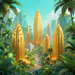 golden town in a vaporwave jungle, 4k, ultra realistic, award winning photograph