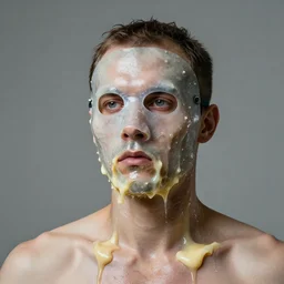 a perfect photograph of a man with skin squid grafts. his face is slick with oozing slime. he is wearing a translucent concrete face mask. the man is disintegrating into butter. a sculpture of nonsense. a bizarre phantom memory of a past that never was.