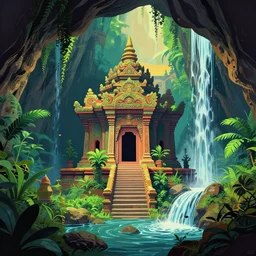 ancient temple, plants and waterfalls in the interior of a cave,digital art, retrowave art,trending on art station