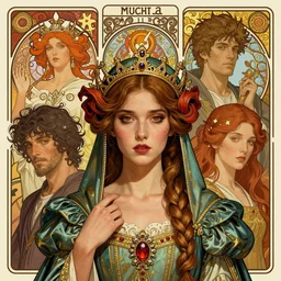 face portrait of a beautiful mysterious medieval princess, by eve ventrue, michael carson, andreas rochas, john watkiss, casey weldon, artgerm. art nouveau. tarot card by mucha. gloomhaven. swirly intricate linework background. gaudy colors, sharp edges. octane render