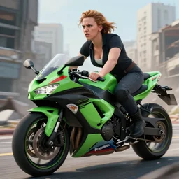angry scarlett johansson riding a kawasaki ninja motorbike through a post apocalyptic city street, wide angle lens baki anime style, dramatic lighting, afro samurai anime style, apocalyptic cityscape in the background, by david finch, pencil and ink, full moon, black and white