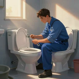 the repairman in the bathroom sitting on the toilet with a wrench to repair the plumbing, smooth, extremely detailed, cinematic lighting, illustration, digital art, crepuscular ray, trending on artstation, art by greg rutkowski, golden ratio