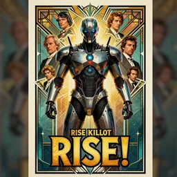 rise killbot, rise!, masterpiece movie poster illustration by zdizslaw beksinski, josan gonzalez, james montgomery flagg, greg rutkowski, intricate cinematic composition, dynamic beautiful lighting, octane render, art deco, screen printing poster art, artstation trending
