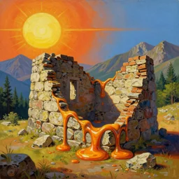a vivid surrealist painting of a melting, gooey, stone ruin, the walls are wavy and slowly melting under the heat of the sun. made of melting bricks on a hill in the mountains and forest on a scorching hot day, in the style of dali