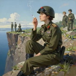 a painting of a military woman sitting on a cliff, smoking a cigarette, a character portrait bytom bagshaw, rhads, makoto shinkai, lois van baarle, ilya kuvshinov, and rossdraws, global illumination, cg society, fantastic realism, intricate, detailed