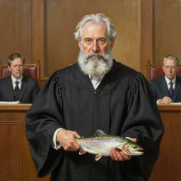 a stunning ultra realistic fine art painting of the world's greatest lawyer in a  court hearing, holding a trout, by tom bagshaw, studio portrait, vibrant colors, 4K