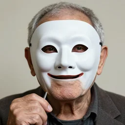 close - up portrait of a wrinkled old man wearing a pulcinella mask holding up a pizza!! to behold, clear eyes looking into camera, baggy clothing and hat, masterpiece photo by unknown