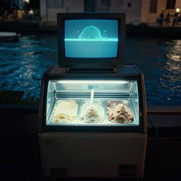 an ice cream fridge in the middle of a neapolitan ice cream river, from 1 9 8 5, bathed in the glow of a crt monitor, ice cream in background, low - light photograph, cybercore food photo, photography tyler mitchell