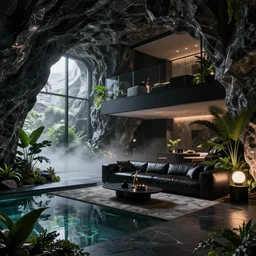 a futuristic apartment interior in the style of a granite cavern, black leather couch, luxury, plants, pool, high ceiling, dark moody lighting, foggy atmosphere, 16mm lens, by craig mullins, octane rendering