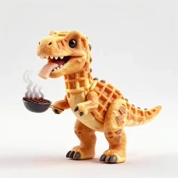 digital art of a dinosaur made of waffles, barbecuing chewing gum, in a room with neon rainbow color drapes. outside the window a noir future