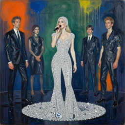 a singer with diamonds on stage painting by luc tuymans and vincent lefevre and hernan bas and pat steir and hilma af klint, psychological, dripping paint, high quality render, masterpiece