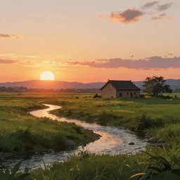 a relaxing landscape with a singular building near a small river at sunset, anime style, low saturation, dynamic lighting, 8K, high quality, high detail