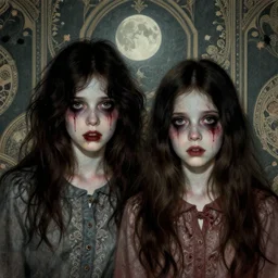 two gorgeous but creepy, sinister siblings in layers of fear, with haunted eyes and wild hair, 1 9 7 0 s, seventies, wallpaper, a little blood, moonlight showing injuries, delicate embellishments, painterly, offset printing technique, by coby whitmore, jules bastien - lepage