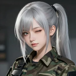 girl, silver hair ((ponytail)), winking, multicam (camo), trending on artstation, detailed, cinematic portrait, ilustration by Takehiko Inoue ((((and Yoann Lossel))))