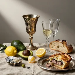 still life by willem claesz heda, overturned ornate chalice, avocados, surreal glass goblets, bread, olives, oysters, peeled lemons, linen, a house fly, silver platter, leftover meat pie,