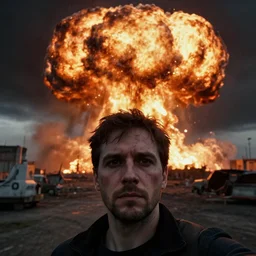 last human selfie, horror color photo selfie, nuclear explosion in background 6 0 s