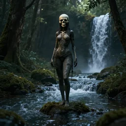 blender, render, woman, forest, darkness, skull, light, river, waterfall