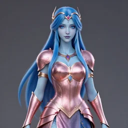 a regal sylph with long blue hair and pale blue skin wearing a rose gold breastplate and circlet, 3 d render by mandy jurgens, artgerm, and lu ji, centered, artsation contest winner, cgsociety, fantasy art, cryengine, concept art, photorealism, daz 3 d, sketchfab, zbrush, vray