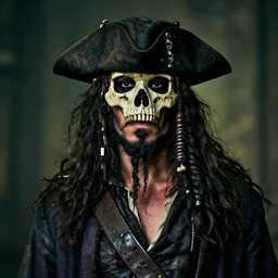 portrait photo of a dirty rugged old pirate lord wearing black hat, black coat and a skull bone mask, long black beard and long black hair, dramatic cinematic lighting, movie scene, dslr photo, depth of field
