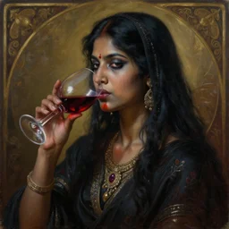 painting of a dark nepali female drinking red wine, ultra realistic, concept art, intricate details, eerie, highly detailed, photorealistic, octane render, 8 k, unreal engine. art by artgerm and greg rutkowski and alphonse mucha