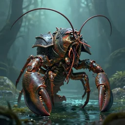 an aldani looks like a giant lobster that walks upright. its face is mostly encased in armor, looking almost humanoid except for its long eyestalks. despite their frightful appearance, aldani avoid conflict. reclusive and xenophobic, they hide in their lakes and rivers. - n 4