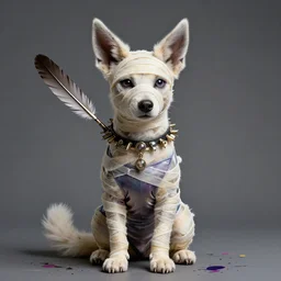 Portrait furry ears snout collar neck paws Mummy Wraith wearing a silken leotard ASPCA National Geographic Wikipedia Demiurge pet adoption quill splatterpaint rorschach 4k artstation unreal engine render robert rauschenberg giorgio de chirico greg rutkowski