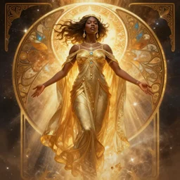 black african princess, warm volumetric lighting, god rays, cosmic, symmetric, highly detailed, concept art, heavenly, intricate, sharp focus, illustration, alexandros pyromallis, bouguereau, rutkowski, artgerm, alphonse mucha