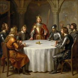oil painting of king arthur and lancelot at the round table, edward robert hughes