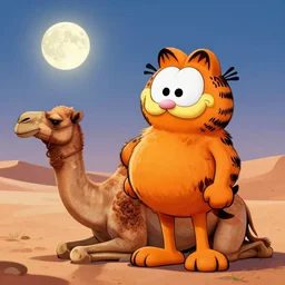 garfield dressed as a desert nomad near a camel, looking at the moon with a sad face