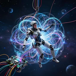 dark realism a beautiful robot fighter pilot is suspended by luminous intricate organic and colorful electric cables and wires and fiber to the jet cockpit computer motherboard, experiencing the quantum field cinematic highly detailed realistic beautiful cosmic neural network o
