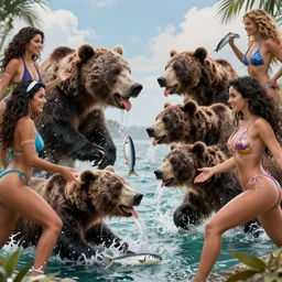 a group of hot girls fighting with bears over salmon, hyper realistic, cinematic