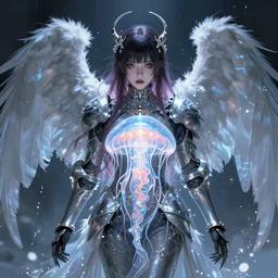 angel knight gothic girl. intricate, centered, amazing composition by amano yoshitaka, by rembrandt, illustrious makinami, digital art, digital painting, artstation trending, unreal engine, fractal flame, transparent jellyfish, transparent feathers, bio luminescent, ice, water, leds