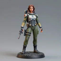 80mm resin detailed miniature of a beautiful woman space ranger, clothed in space suit, laser gun , olive skin, brown long hair, beautiful bone structure, symmetrical facial features, Product Introduction Photos, 4K, Full body,