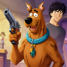 scooby doo holding a gun, character art portrait, anime key visual, official media, illustrated by tom bagshaw, wlop, kentaro miura, extremely detailed, 8 k, trending on artstation, cinematic lighting, beautiful
