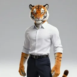 character portrait of a male anthro Tiger fursona wearing a dress shirt and slacks in a futuristic city. Character design by charlie bowater, ross tran, artgerm, and makoto shinkai, detailed, inked, western comic book art