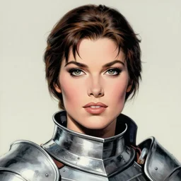 head and shoulders portrait of a female knight. well composed, clean elegant painting, beautiful detailed face. comic book art by steve ditko and jack kirby
